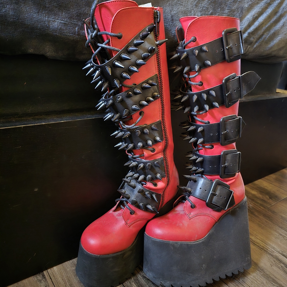 Dolls Kill Red and Black Combat Boots with Platform and Spikes - Picture 1 of 4